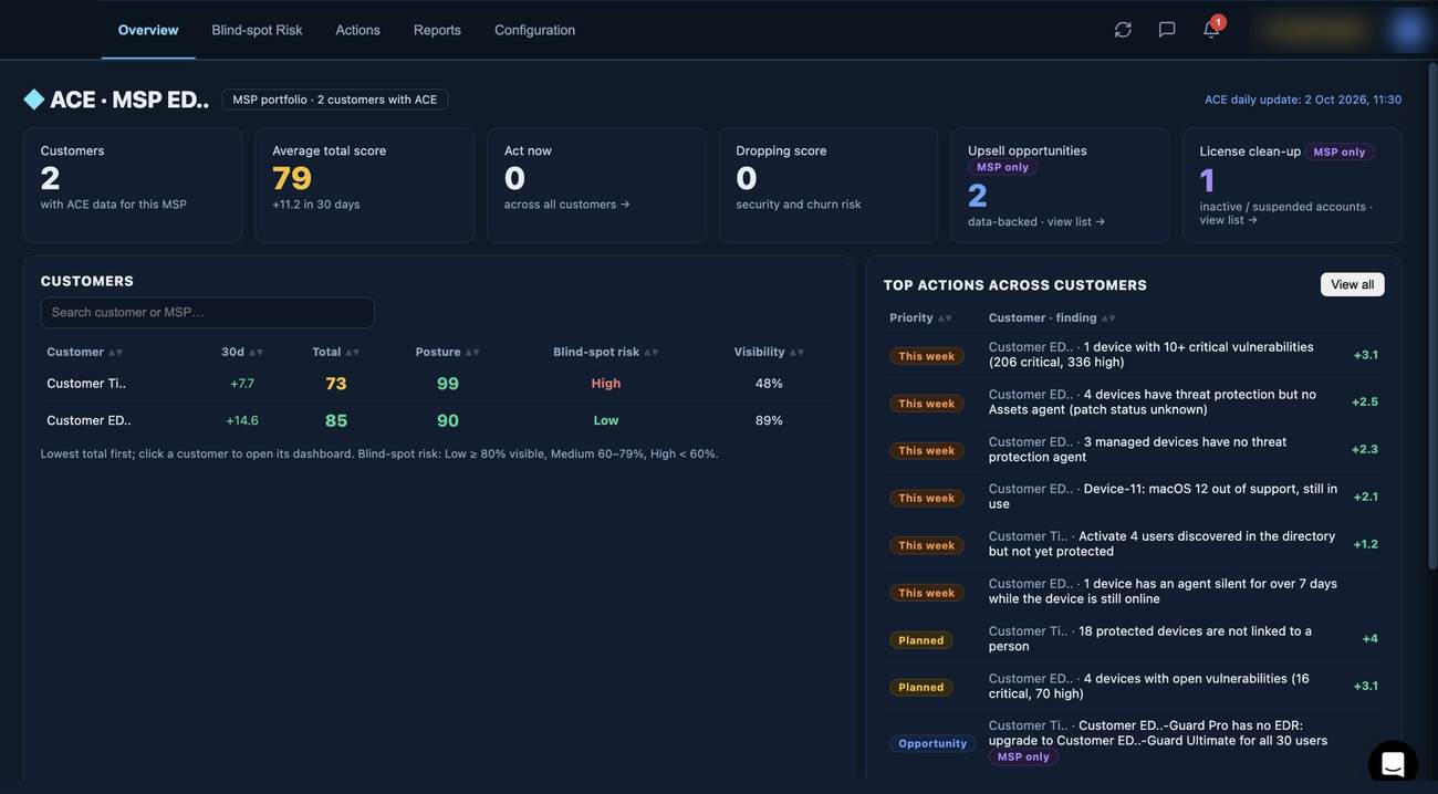 Visão de portfólio do ACE entre clientes